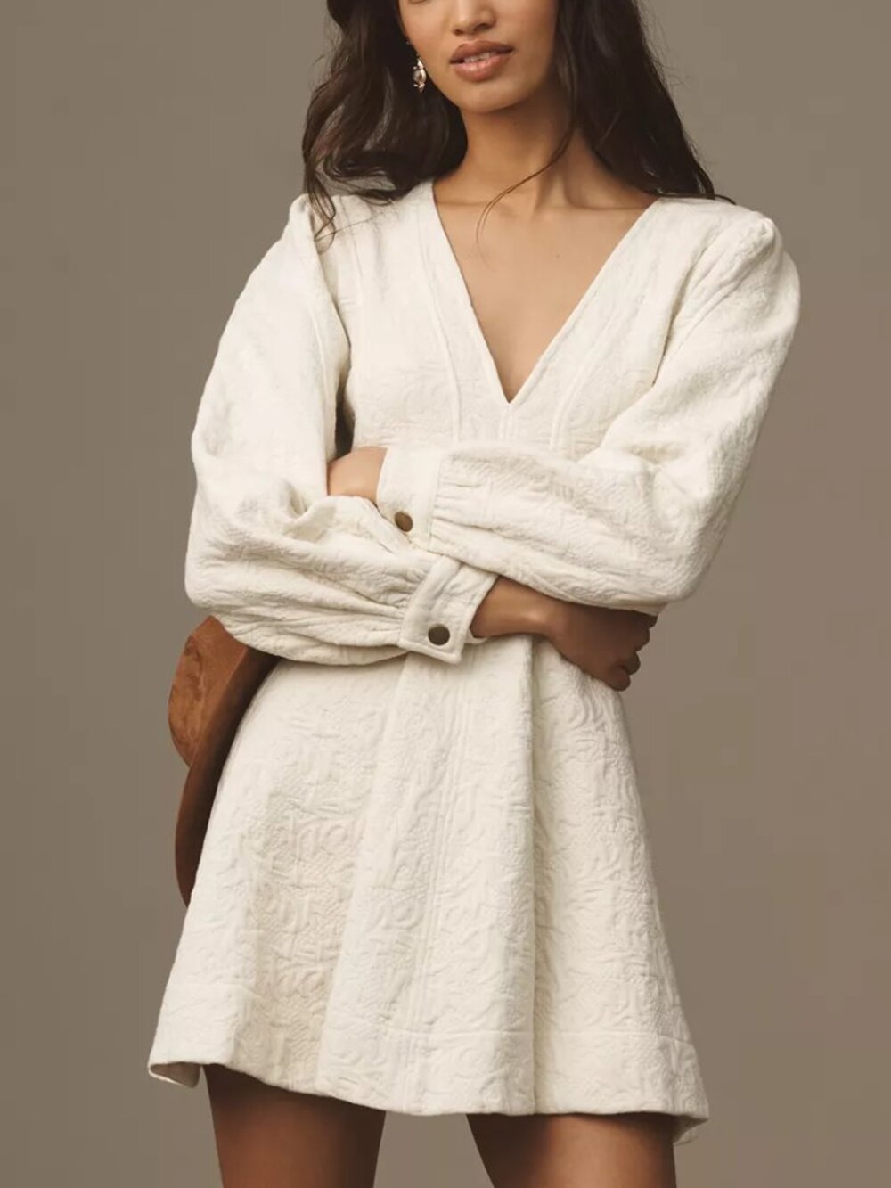 Anthropologie Pilcro Long-Sleeve V-Neck Textured Mini Dress - Picture 2 of 4